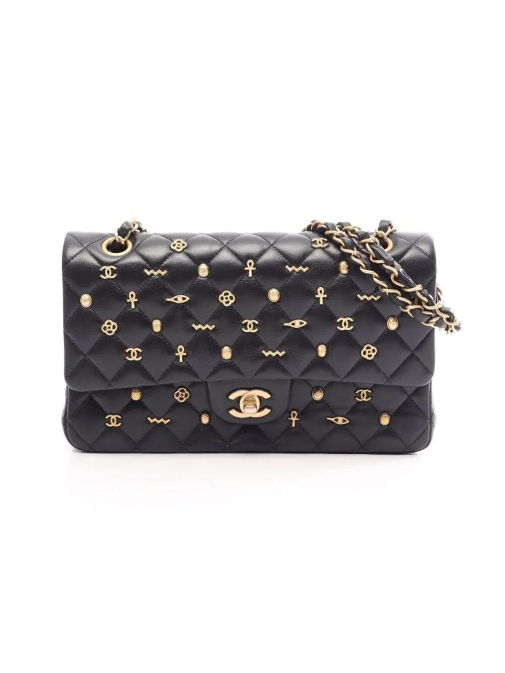 Chanel Shoulder Bag Quilted Egyptian Charm Double Flap Black Lambskin Chain